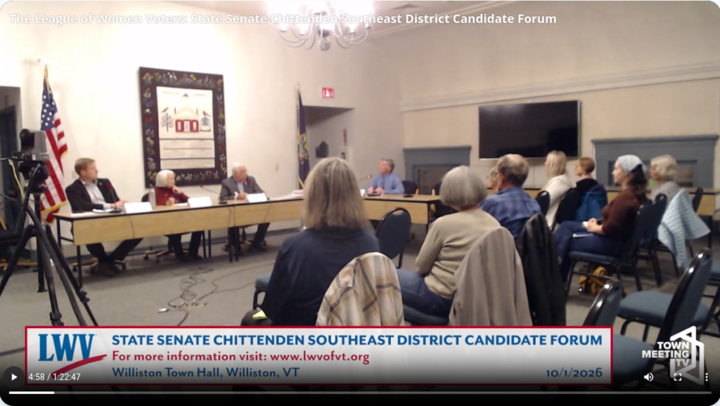 Screenshot showing candidates Tom Chittenden, Ginny Lyons and Bruce Roy, as well ad moderator Tom